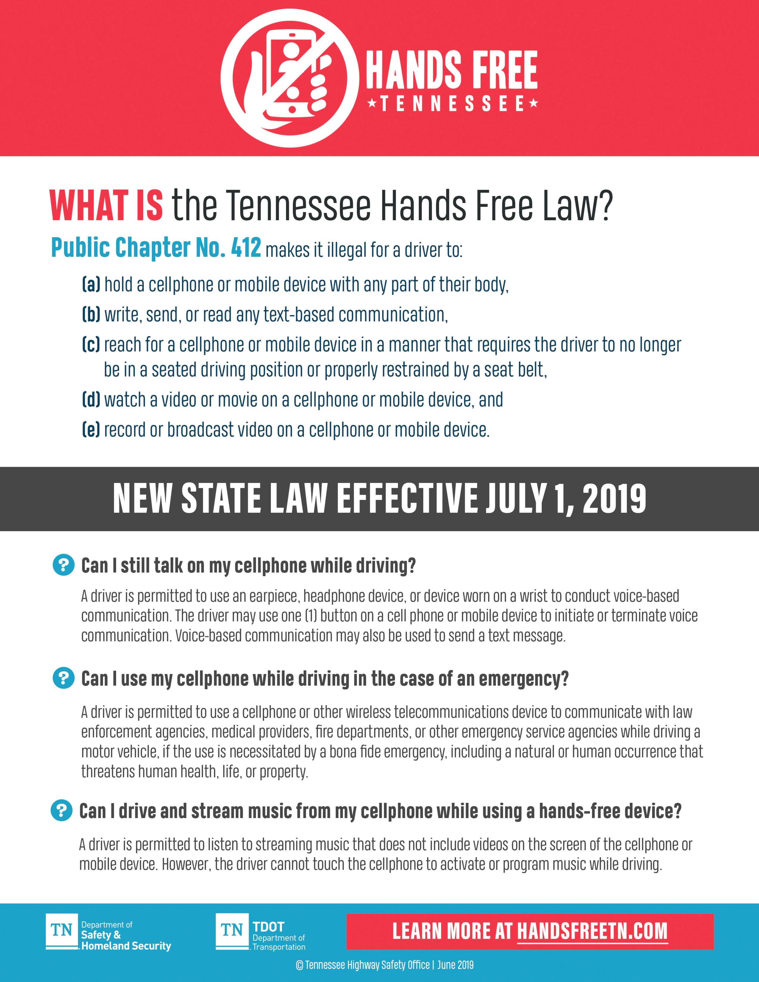 Flyer on TN's new law against cell phone use while driving